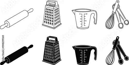 Black and white kitchen utensil icons set featuring rolling pin, box grater, measuring cup, whisk, and spoons, symbolizing cooking, baking, food preparation, and culinary design illustration.