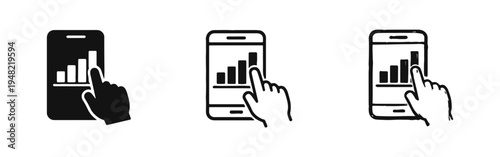 Hand Touching Smartphone with Bar Chart Icon Set for Mobile Analytics, Business and Data Trends