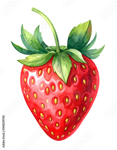 Bright red strawberry with green leaves. Isolated transparent background