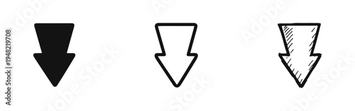 Down Arrow Icon Set. Directional Pointer for Navigation and Download. UI/UX Element for Web and App Interface