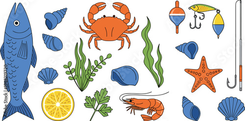 Colorful sea life and fishing icons set featuring fish, crab, shrimp, seashells, seaweed, starfish, fishing rod, bobbers, and lure, symbolizing marine biology, seafood, and ocean adventure.
