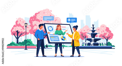 Business people discussing data charts.