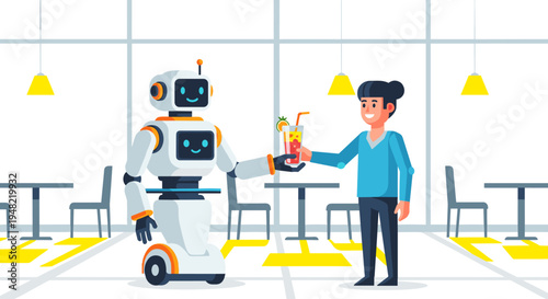 Robot holding food to a woman.