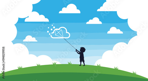 Boy Playing with Kite Outdoors Freely.