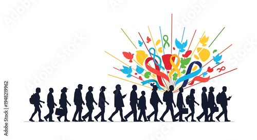 Silhouettes of people walking together.