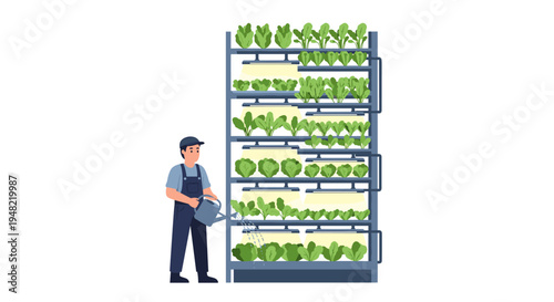 Man standing next to a plant shelf.