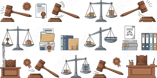 Law and justice legal icon collection with judge gavel scales courthouse documents certificate courtroom flat vector set