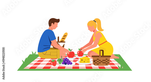 Young couple having romantic picnic outdoors.