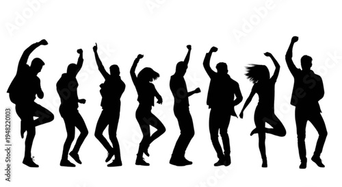 Group of silhouettes dancing with arms raised in celebration