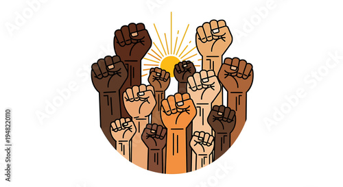 Diverse hands raised in solidarity.