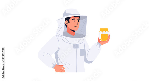 Beekeeper in protective white suit holding honey.