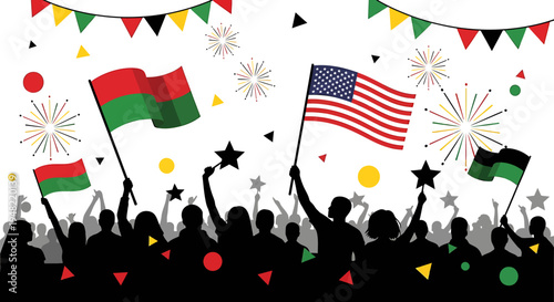 People waving flags in celebration.