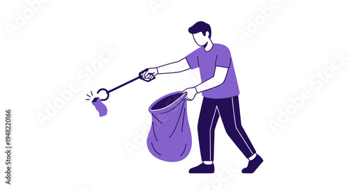 Man holding trash grabber and bag.