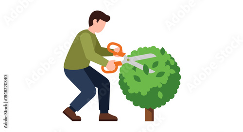 Man cutting a green tree bush.