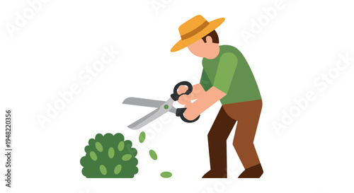 Man cutting green bush with shears.