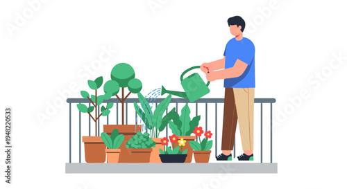 Man Watering Potted Plants on Balcony.