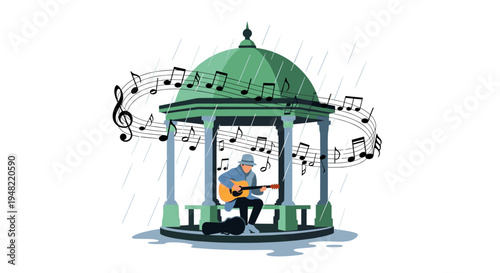 Man Playing Guitar in Green Gazebo.