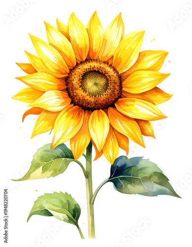 Bright yellow sunflower with green leaves. Isolated transparent background