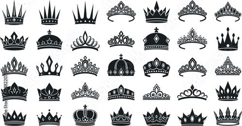 Luxury crown and tiara silhouette icon set royal king queen monarchy jewelry heraldic symbols vector collection