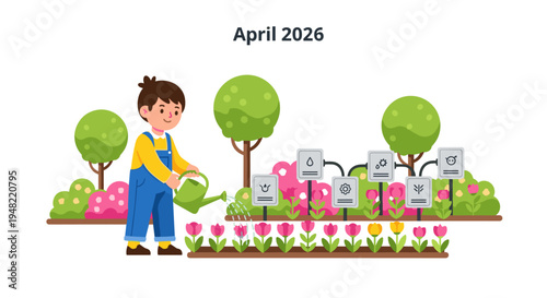 Boy watering flowers in garden.