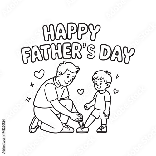 Father tying son’s shoelaces with ‘Happy Father Day’ text.