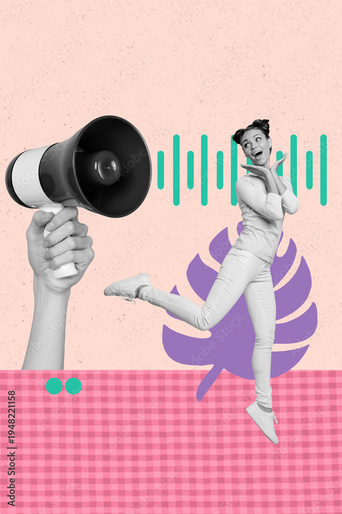 Fototapeta premium Collage of funky person dancing on checkered floor with tropical leaf and sound wave elements in background