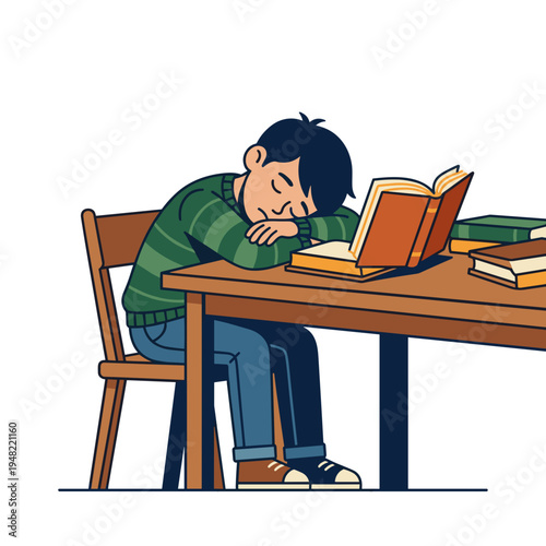 Tired schoolboy sleeping on books at study table in library after learning and homework fatigue education exhaustion concept