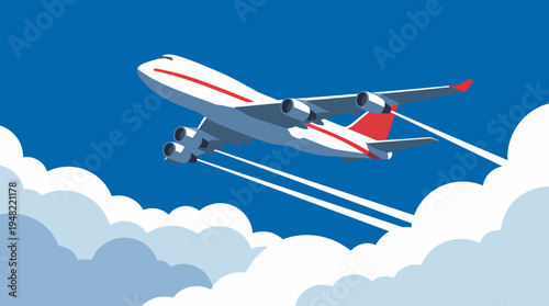 An illustration of an airplane soaring above fluffy clouds in a vibrant blue sky, symbolizing adventure, travel, and freedom. Perfect for travel-related stock images.