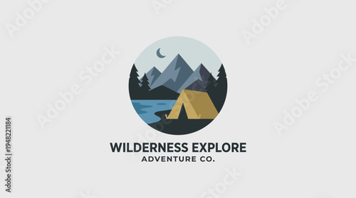 An engaging logo showcasing a camping scene with a tent, mountains, and a river, representing exploration and outdoor experiences for an adventure company. Perfect for stock needs.