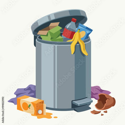 An overflowing trash can filled with various waste items, including food wrappers and drinks. The mess highlights the issue of waste management in everyday life.