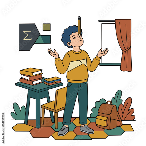 Playful schoolboy balancing pencil on nose near study desk with books and backpack curious learning and creativity concept