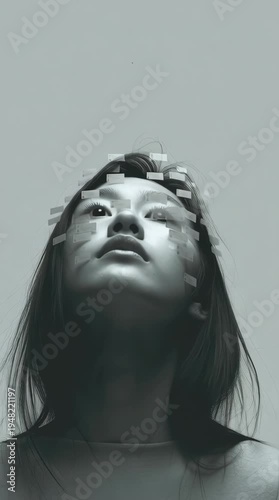 Young Asian woman surrounded by swirling digital message envelope icons around her head on minimal grey background