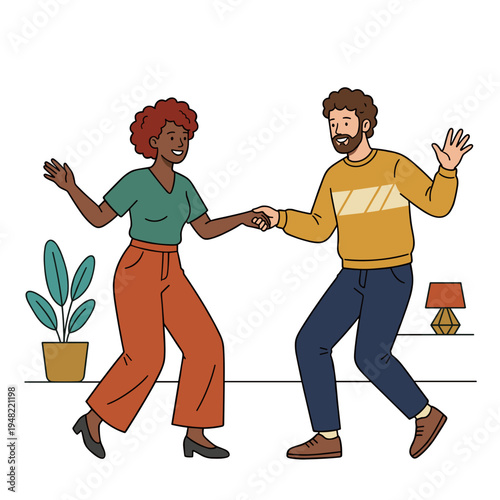 Happy interracial couple practicing dance steps together at home preparing for party social lifestyle concept