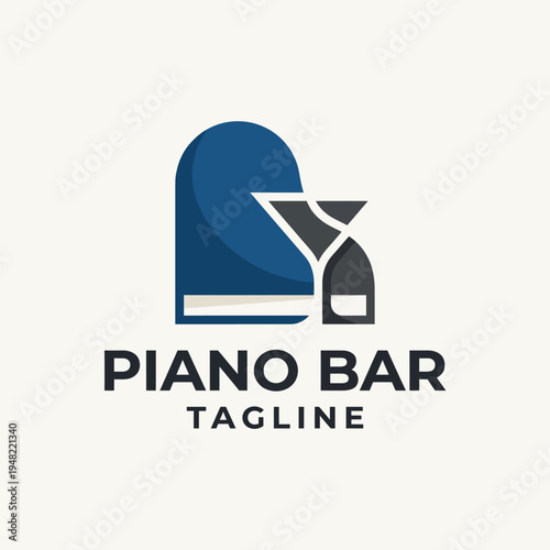 An elegant logo design for a piano bar featuring a sleek cocktail glass adjacent to a piano, encapsulating sophistication and the essence of nightlife entertainment.