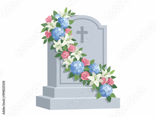 A poignant illustration of a gravestone adorned with colorful flowers, symbolizing remembrance and the beauty of honoring loved ones who have passed away.