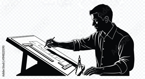 Architectural draftsman working on a detailed blueprint at a desk