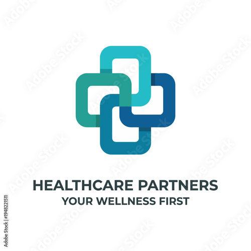 This modern healthcare logo showcases interconnected shapes representing partnerships and wellness, perfect for healthcare providers aiming for a fresh, professional image.