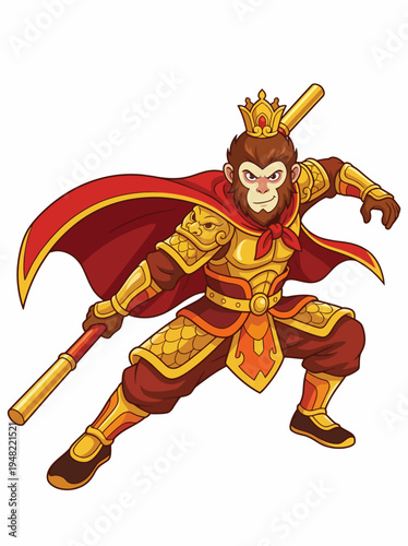 This vibrant illustration of a monkey king in royal attire captures the essence of heroism and adventure, ideal for children's books or animated media.
