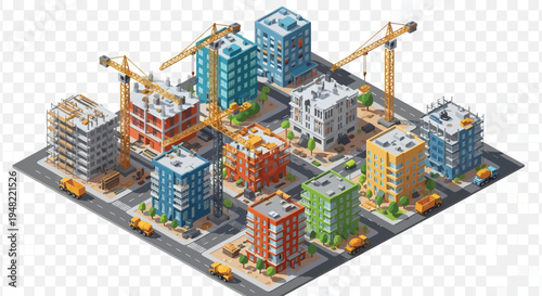 Isometric illustration of a bustling cityscape under extensive construction