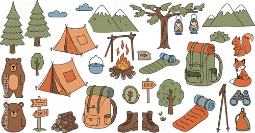 Camping Adventure Collection with Tent Campfire Backpack Forest Animals Hiking Gear Outdoor Travel Vector Illustration Set