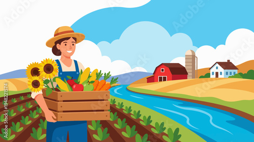 This joyful illustration of a farmer carrying a box of freshly harvested vegetables amidst rich farmland and a serene landscape highlights the importance of agriculture and freshness.