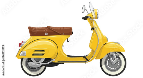 A vibrant yellow vespa scooter is shown in a side profile view