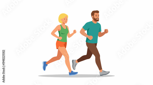 This friendly illustration captures a couple jogging side by side, embodying health and fitness while showcasing modern athletic attire and an active lifestyle.