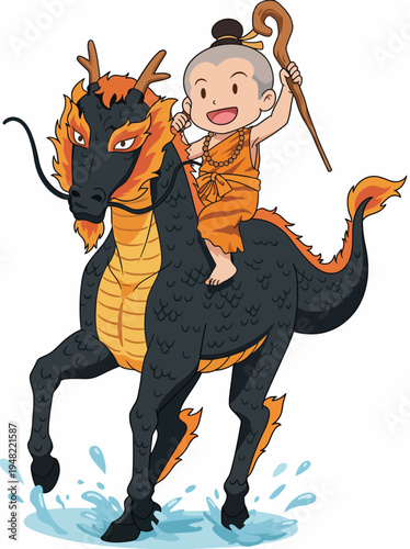 This playful image depicts a cheerful monk riding a dragon, symbolizing adventure and mythical journeys, ideal for stories or games centered around fantasy themes.