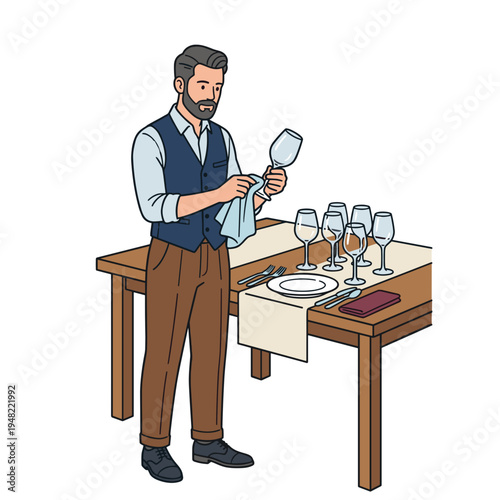 Waiter polishing wine glasses while preparing table for elegant dinner restaurant service concept