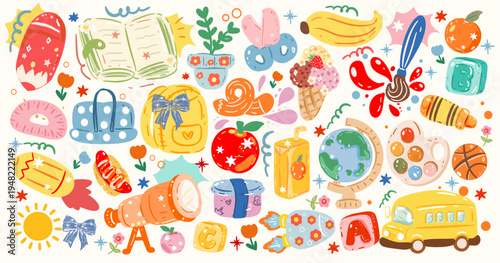 Cute Back to School Hand Drawn School Supplies, Cute Pencil Notebook Apple Bow Backpack, Aesthetic Classroom Elements, Kawaii Stationery, Girly Study Doodles, Vintage Whimsical School Illustration 