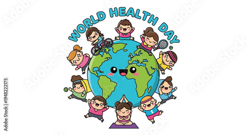 World health day illustration featuring diverse children and a happy earth