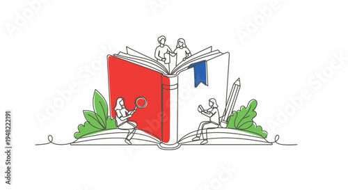 People interacting with an open book in a minimalist illustration