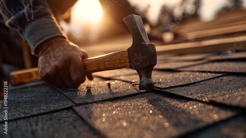Hands grip hammer, striking shingle with purpose