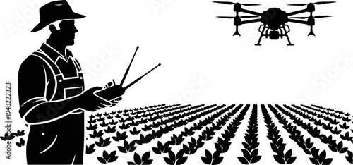 Black and white flat silhouette of a farmer controlling an agricultural drone over crop field.